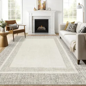 Bordered Beige 10x13 Machine Washable Area Rug – Modern Design, Non-Slip, Low-Pile, Non-Shedding Foldable Carpet for Bedroom, Living Room, or Kids' Room