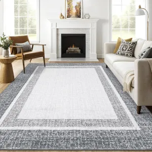 Bordered Dark Grey 5x7 Machine Washable Area Rug – Modern Design, Non-Slip, Low-Pile, Non-Shedding Carpet for Living Room, Bedroom, or Kids' Room