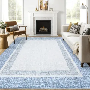 Bordered Light Blue 5x7 Machine Washable Area Rug – Modern Design, Non-Slip, Low-Pile, Non-Shedding Carpet for Living Room, Bedroom, or Kids’ Room