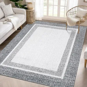 Bordered Dark Grey 8x10 Washable Area Rug – Modern Stain-Resistant, Low-Pile, Non-Slip Accent Carpet for Living Room, Bedroom, or Home Decor