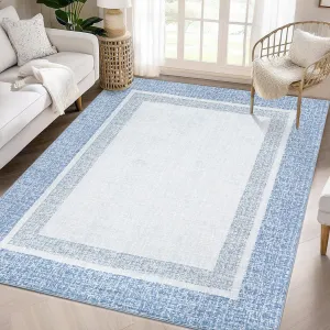 Bordered Light Blue 8x10 Machine Washable Area Rug – Modern Stain-Resistant, Soft, Non-Slip, Low-Pile Accent Carpet for Living Room, Bedroom, or Home Decor