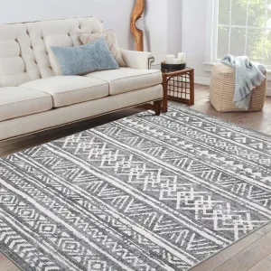 8x10 Modern Striped Soft Rug Area Rug Washable Rug With Non-Slip Backing Non Shedding Indoor Carpet Stain Resistant Floor Cover For Living Room Dining Room Office,Grey