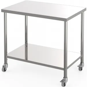 36"L x 24"W x 35"H Stainless Steel Table 2-Tier Prep Work Table with Adjustable Undershelf and Mobile Locking Casters for Restaurant Kitchen Garage Home - Durable Silver
