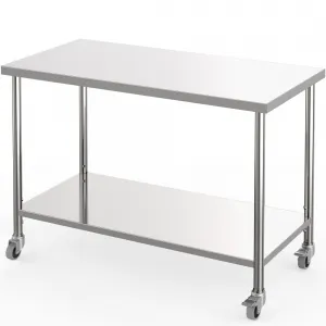48"L x 24"W x 35"H Stainless Steel Table 2-Tier Prep Work Table with Adjustable Undershelf and Mobile Locking Casters for Restaurant Kitchen Garage Home - Durable Silver
