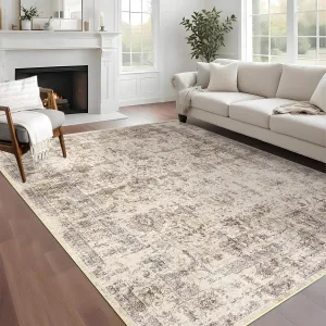 Area Rugs 5x7, Machine Washable Rugs for Living Room, Non-Slip Vintage Retro Rug, Low Pile Lightweight Chenille Print Rug for Bedroom Dining Room Home Office (Beige)