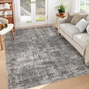 Dark Grey Large Area Rug 10x13 Non-Slip Backing Vintage Distressed Rug, Machine Washable Pearl Velvet Soft Floor Carpet, Low Pile Foldable Rug for High Traffic Areas In Living Room, Bedroom