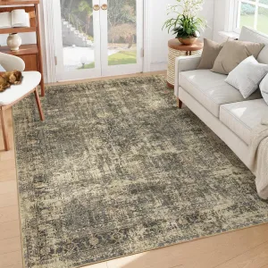 Area Rug Large Living Room Rug 9x12 Machine Washable Floor Carpet, Non-Slip Vintage Distressed Area Rug, Low Pile Soft Accent Rug for Under Dining Table, Bedroom, Nursery Room, Green