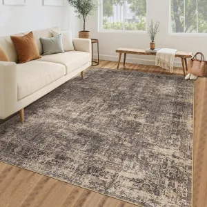 Area Rugs 5x7, Machine Washable Rugs for Living Room, Non-Slip Vintage Retro Rug, Low Pile Lightweight Chenille Print Rug for Bedroom Dining Room Home Office (Brown)