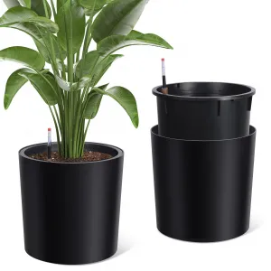 Tall Round Planter Set of 2, 20" Large Flower Pot Outdoor, Planters for Indoor Plants with Built-in Drainage and a Water Level Monitor and Wheels for Patio, Porch, Living Room, or Home Office, Black