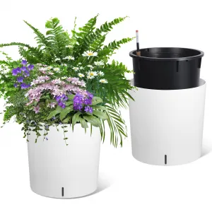 Tall Round Planter Set of 2, 20" Large Flower Pot Outdoor, Planters for Indoor Plants with Built-in Drainage and a Water Level Monitor and Wheels for Patio, Porch, Living Room, or Home Office,White