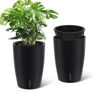 16" Tall Planters Set of 2 Self-Watering Pots with Drainage Visual Water Level Durable Plastic Indoor Outdoor Patio