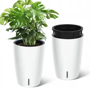 16" Tall Planters Set of 2 Self-Watering with Drainage Visual Water Level Durable Plastic Indoor Outdoor Patio