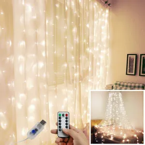 LED Christmas Curtain Fairy Lights,Indoor Outdoor Watertight Hanging Window Lights,USB Remote Control String Lights,Bedroom/Outside/Wall/Door/House/Garden Xmas Decorations 3X3 300led is White