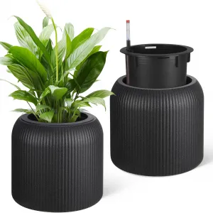14 Inch Tall Round Planters Set of 2, Self Watering Flower Pots with Water Level Monitor and 2 Trays, for Living Room, Bedroom Office, Patio, Porch, Garden