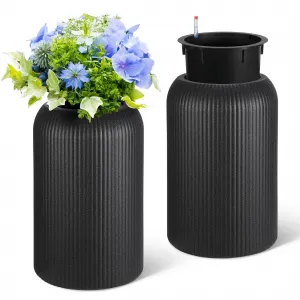 21 Inch Tall Round Planters Set of 2 Flower Pots with a Water Level Monitor, Self Watering Insert and 2 Trays, for Living Room, Bedroom Office, Patio, Porch, Garden, Black
