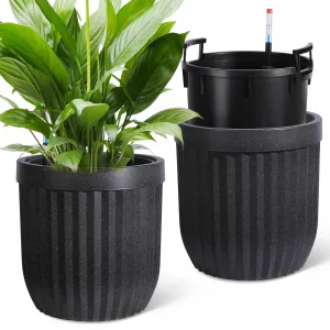 14.5 Inch Tall Planters Set of 2 Flower Pots with a Water Level Monitor, Self Watering Insert and Hidden Wheels, Ideal for Living Room, Bedroom Office, Patio, Porch, Garden, Black