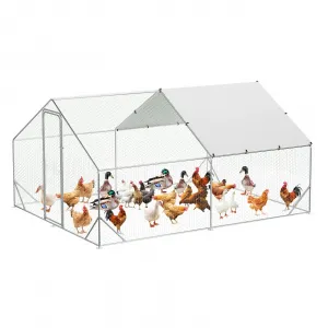 Large Metal Chicken Coop with Run 9.8' W x 13.1' D x 6.6' H - Galvanized Steel Walk-In Poultry Cage, Spire Roof, Waterproof UV-Resistant Cover, Outdoor Hen House for Backyard,