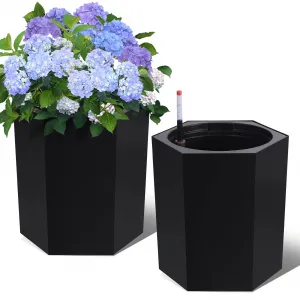 16″ Tall Planters Outdoor Set of 2, Self Watering Indoor Plant Pots with Water Level Monitoring & Wheels & Water Outlet, Large Planter Pots for Garden, Patio, Balcony, Lounge, Black