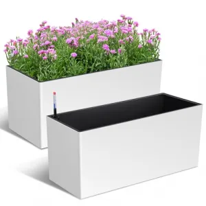 31" Outdoor Planters Set of 2, Tall Planters for Outdoor Plants, Self Watering Planter Box with Water Level Monitoring & Wheels & Water Outlet, Large Planter Box for Patio, Porch, White