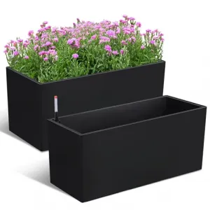 31" Outdoor Planters Set of 2, Tall Planters for Outdoor Plants, Self Watering Planter Box with Water Level Monitoring & Wheels & Water Outlet, Large Planter Box for Patio, Porch, Black