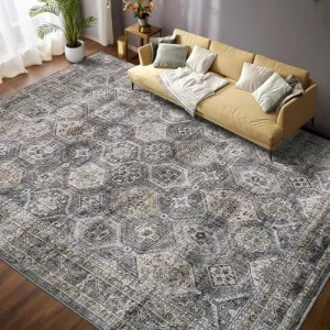Persian Blue-Grey 10x13 Area Rug for Living Room Washable Rugs Distressed Rug for Bedroom Large Rug Vintage Rug Non Slip Carpet Throw Rugs for Dining Room Stain Resistant Office Rug Classroom Rug