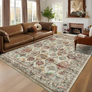 Persian Colorful 8x10 Large Area Rug Washable Living Room Rug, Non-Slip Vintage Floor Carpet, Low Pile Foldable Printed Rug, Non-Shedding Soft Rug for Dining Room, Nursery Room
