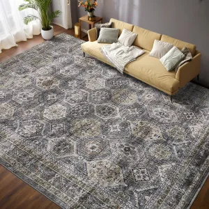 Persian Blue-Grey 5x7 Washable Area Rug for Living Room Low Pile Bedroom Rug Vintage Tribal Area Rugs Soft Non Slip Throw Rugs Stain Resistant Carpet for Office Classroom Dining Room