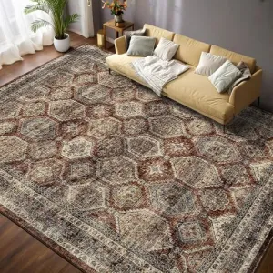 Persian Brown-Red 10x13 Large Area Rug for Living Room Washable Rugs Retro Rug for Bedroom Vintage Tribal Rug Non Slip Carpet Throw Rugs for Dining Room Stain Resistant Office Rug Classroom Rug