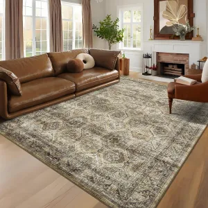 Persian Brown 8x10 Large Area Rug Washable Living Room Rug Non-Slip Vintage Floor Carpet Distressed Low Pile Foldable Printed Rug Non-Shedding Soft Rug for Dining Room, Nursery Room