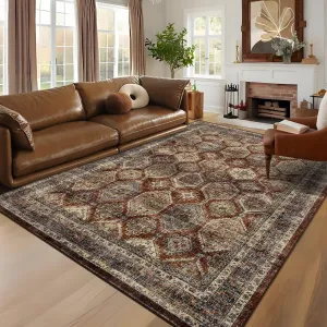 Persian Brown-Red 8x10 Vintage Washable Area Rug Low-Pile Non-Slip Retro pattern, Foldable Stain-Resistant Rug for Living Room, Dining Room, Nursery