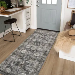 Persian Blue-Grey 2x6 Washable Runner Rug, Runner Vintage Rug Non Slip Kitchen Rugs Floral Distressed Indoor Entryway Rug Soft Bath Mat Stain Resistant Carpet for Hallway Laundry Bedroom