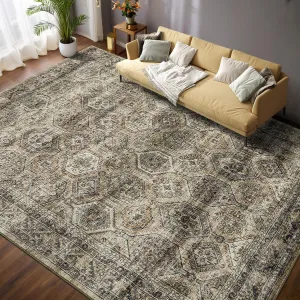 Persian Tribal 5x7 Washable Area Rug, Vintage Distressed Non-Slip Low Pile Carpet for Living Room Bedroom Dining Room, Brown