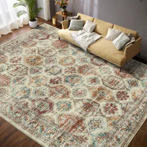 Persian Colorful 5x7 Vintage Washable Area Rug Low-Pile Non-Slip Soft Carpet, Stain-Resistant Colorful Rug for Living Room, Bedroom, Dining Room, Classroom