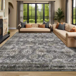 Persian Blue-Grey 8x10 Washable Rugs, Area Rug for Living Room Vintage Rugs for Bedroom Indoor Retio Oriental Non Slip Large Rug Soft Non Shedding Stain Resistant Carpet for Dining Room