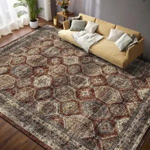 Persian Brown-Red 9x12 Washable Vintage Rug – Tribal Non-Slip, Stain-Resistant Large Area Carpet for Living Room, Bedroom, Dining Room, Office, or Classroom