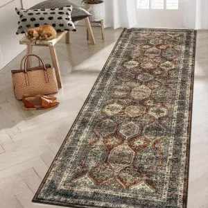 Persian Brown-Red 2x6 Vintage Washable Runner Rug – Non-Slip Low-Pile Distressed Carpet, Faux Wool Soft Rug for Kitchen, Laundry Room, Entryway