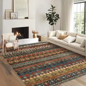 Boho Multicolor 10x13 Living Room Rug, Washable Distressed Geometric Printed Accent Rug, Non-Slip Low Pile Area Rug, Foldable Non-Shedding Floor Carpet for Bedroom, Office
