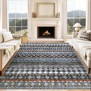 Boho Grey 8x10 Washable Living Room Rugs, Large Distressed Geometric Printed Area Rug, Non-Slip Low Pile Indoor Mat, Foldable Non-Shedding Accent Carpet for Dining Room