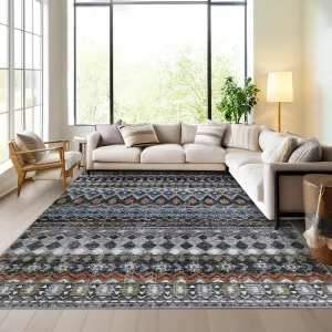 Boho Grey 5x7 Area Rugs, Washable Stain Resistant Farmhouse Living Room Rug Low Pile Soft Vintage Distressed Accent Rug Foldable Non Slip Geometric Throw Rug for Bedroom Dining Room