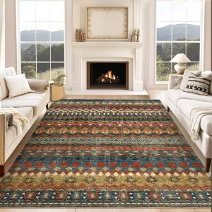 Boho Multicolor 9x12 Large Area Washable Rug, Distressed Geometric Printed Living Room Rug, Non-Slip Low Pile Floor Carpet, Foldable Non-Shedding Accent Rug for Bedroom, Office