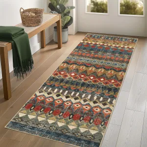 Boho Multicolor 2x6 Runner Rugs, Washable Distressed Geometric Printed Hallway Rug, Non-Slip Low Pile Area Rugs, Foldable Non-Shedding Carpet Runner for Kitchen, Laundry, Entryway