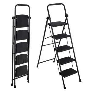 5 Step Ladder, Steel Folding Step Ladder, Portable Ladder with Anti-Slip Wide Pedals, Safe-Lock Design, Handrail, Durable Construction for Multi-Purpose, Home, Kitchen, Black