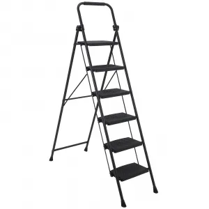 6 Step Ladder, Steel Folding Step Ladder, Portable Ladder with Anti-Slip Wide Pedals, Safe-Lock Design, Handrail, Durable Construction for Multi-Purpose, Home, Kitchen, Black