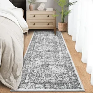 Washable Runner Rug 2x6 Runner Vintage Rug Non Slip Kitchen Rugs Oriental Indoor Entryway Rug Soft Bathroom Rugs Stain Resistant Carpet for Hallway Laundry Bedroom 2'x6' Distressed Grey