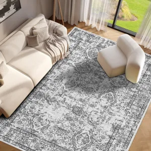 Washable Rug 9x12 Area Rug for Bedroom Vintage Floral Living Room Rug Non Slip Large Area Rug Soft Non Shedding Throw Rugs Stain Resistant Carpet for Office Dining Room Nursery, Grey