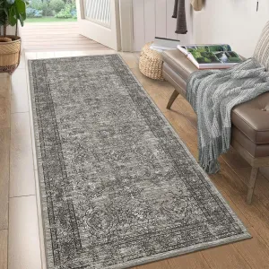 Washable Runner Rug 2x6 Runner Vintage Rug Non Slip Kitchen Rugs Floral Distressed Indoor Entryway Rug Soft Bath Mat Stain Resistant Carpet for Hallway Laundry Bedroom 2'x6' Greyish Brown