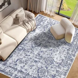 Washable Rugs 9 x 12 Rug for Living Room Vintage Rug Non Slip Large Area Rug Soft Non Shedding Throw Rugs Stain Resistant Carpet for Bedroom Office Dining Room Nursery Blue/Grey 9'x12'
