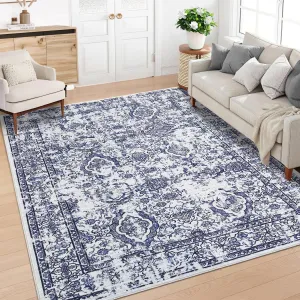 Washable Rugs 8x10 Rug for Living Room Vintage Area Rug for Bedroom Non Slip Indoor Floral Oriental Large Area Rug Soft Non Shedding Stain Resistant Carpet for Dining Room 8'x10' Blue/Grey