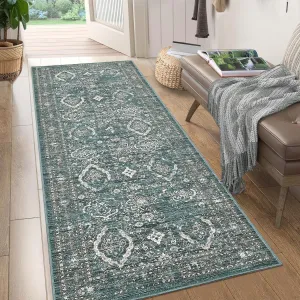 Washable Runner Rug Dark Blue 2x6 Rug Runner Vintage Rug Non Slip Kitchen Rugs Floral Oriental Indoor Entryway Rug Soft Bath Mat Stain Resistant Carpet for Bedroom Hallway Laundry