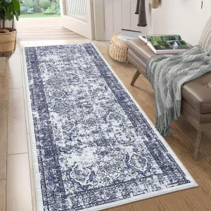Washable Runner Rug 2x6 Runner Vintage Rug Non Slip Kitchen Rug Oriental Low Pile Entryway Rug Soft Bathroom Rugs Stain Resistant Carpet for Bedroom Hallway Laundry 2'x6' Blue/Grey